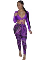 Herfst paarse sexy crop top met lange mouwen en legging met print
