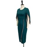 Autumn Formal Green Slit Fringe Midi Party Dress