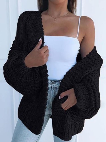 Winter Casual Black Plain Long Sleeve Knitted Cardigan
