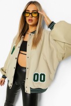 Winter Casual Beige With Green Letter Contrast Sport Jacket