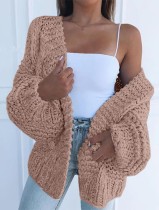 Winter Casual Coffee Plain Long Sleeve Knitted Cardigan