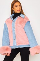 Jaqueta jeans de inverno casual rosa berbere de lã contrastante
