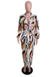 Fall Trendy Printed Apricot Button Up Puff Sleeve Casual Long Dress
