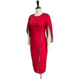 Autumn Formal Red Slit Fringe Midi Party Dress