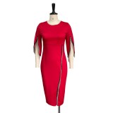Autumn Formal Red Slit Fringe Midi Party Dress