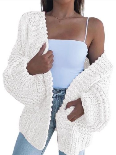 Winter Casual White Plain Long Sleeve Knitted Cardigan