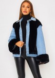 Winter Casual Black Berber Fleece Contrast Jeans Jacket