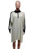 Fall Casual Gray Contrast Zipper Batwing Sleeve Loose Dress