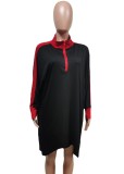 Fall Casual Black Contrast Zipper Batwing Sleeve Loose Dress