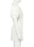 Winter Fashion White Puff Long Sleeve Button Up Midi Dress
