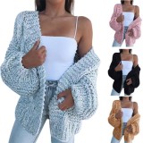 Winter Casual White Plain Long Sleeve Knitted Cardigan