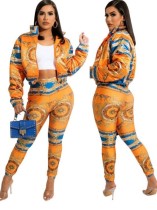 Ensemble veste zippée et pantalon skinny imprimé rétro orange automne