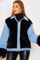 Winter Casual Black Berber Fleece Contrast Jeans Jacket
