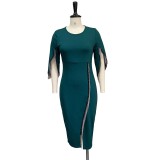 Autumn Formal Green Slit Fringe Midi Party Dress