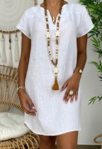 Summer Plus Size Casual White Short Sleeve Plain Midi Dress