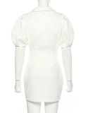 Winter Fashion White Puff Long Sleeve Button Up Midi Dress
