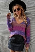 Winter Trendy Purple Stripes V-neck Long Sleeve Sweater
