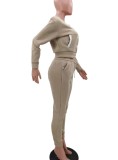 Winter Casual Beige Fleece Contrast Pocket Long Sleeve Button Top And Pant Matching Set