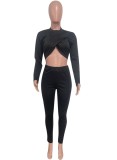 Winter Sexy Black Cross Neck Keyhole Long Sleeve Crop Top and  Tight Pants Set