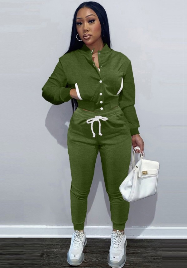 Winter Casual Green Fleece Contrast Pocket Long Sleeve Button Top And Pant Matching Set