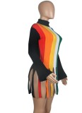 Winter Stylish Multi Color Contrast High Neck Tassels Top