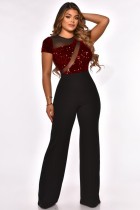 Summer Sexy Red See Through Net With Sequins Short Sleeve Jumpsuit