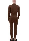 Winter Casual Brown Fleece Contrast Pocket Long Sleeve Button Top And Pant Matching Set