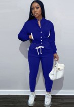 Winter Casual Blue Fleece Contrast Pocket Long Sleeve Button Top And Pant Matching Set
