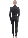 Winter Sexy Black Cross Neck Keyhole Long Sleeve Crop Top and  Tight Pants Set