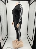 Winter Plus Size Black Contrast Stripe Long Sleeve Zipper Top And Pant Two Piece Set
