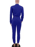 Winter Casual Blue Fleece Contrast Pocket Long Sleeve Button Top And Pant Matching Set