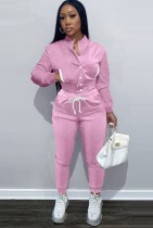 Winter casual roze fleece contrast zak lange mouw knop top en broek bijpassende set