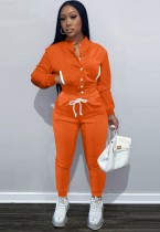 Winter Casual Orange Fleece Kontrast Tasche Langarm Button Top und Hose Passendes Set