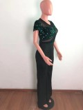 Summer Sexy Green See Through Net With Sequins Short Sleeve Jumpsuit