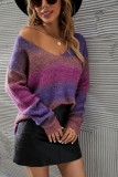 Winter Trendy Purple Stripes V-neck Long Sleeve Sweater