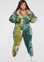 冬のプラスサイズカジュアルグリーン絞り染めプリント長袖パーカーとパンツツーピースセット