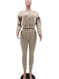 Winter Casual Beige Fleece Contrast Pocket Long Sleeve Button Top And Pant Matching Set