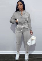 Winter casual grijze fleece contrast zak lange mouw knop top en broek bijpassende set