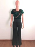 Summer Sexy Green See Through Net With Sequins Short Sleeve Jumpsuit