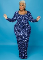 Fall Plus Size Blue Leopard Print Round Neck Long Sleeve Long Dress