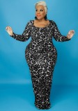 Fall Plus Size Black Leopard Print Round Neck Long Sleeve Long Dress