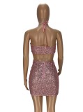 Summer Sexy Pink Sequins Backless Halter Sleeveless Midi Dress