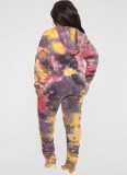 Winter Plus Size Yellow Tie Dyed Hoodies Long Sleeve Top And Pant Two Piece Set