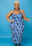 Winter Plus Size Blue Leopard Print High Neck Long Sleeve Top And Long Dress Two Piece Set