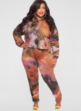 Winter Plus Size Brown Tie Dyed Hoodies Long Sleeve Top And Pant Two Piece Set