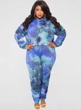 Winter Plus Size Blue Tie Dyed Hoodies Long Sleeve Top And Pant Two Piece Set