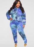 Winter Plus Size Blue Tie Dyed Hoodies Long Sleeve Top And Pant Two Piece Set