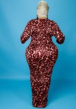 Fall Plus Size Red Leopard Print Round Neck Long Sleeve Long Dress