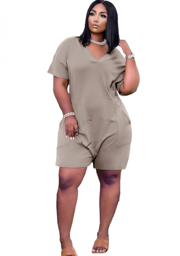 Summer Casual Khaki V-Neck Short Sleeve Loose Rompers with Pockets