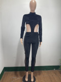Fall Sexy Black Velvet Mesh Patch Cutout Long Sleeve Jumpsuit